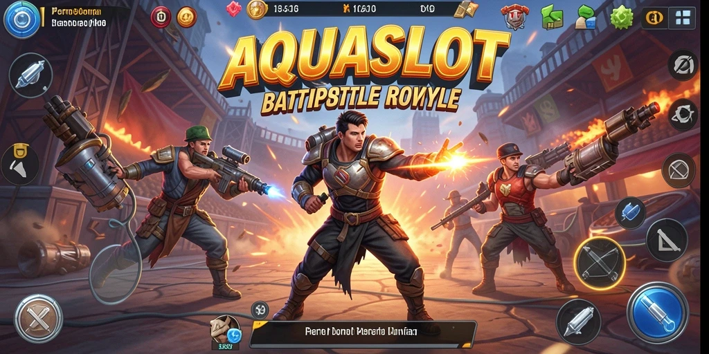 Screenshot gameplay AQUASLOT menampilkan pertempuran seru di arena.