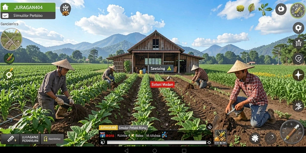 Tampilan gameplay JURAGAN404 yang menggambarkan aktivitas bertani.