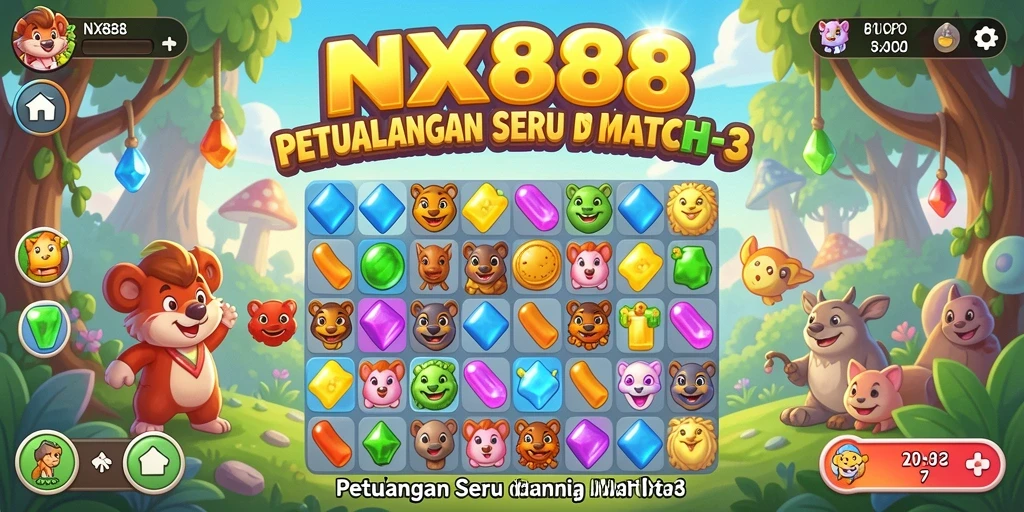 Screenshot NX888 menampilkan gameplay seru mencocokkan permata.