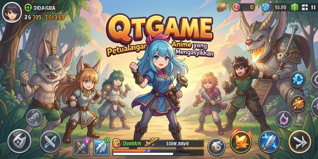 Tampilan gameplay QTGAME yang penuh aksi dan karakter Anime.